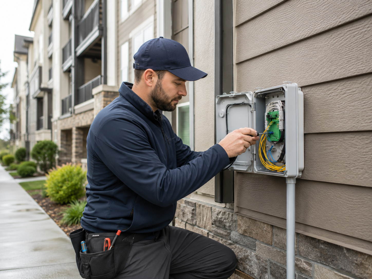 HouseKey-coordinated technician wiring fiber at an apartment building
