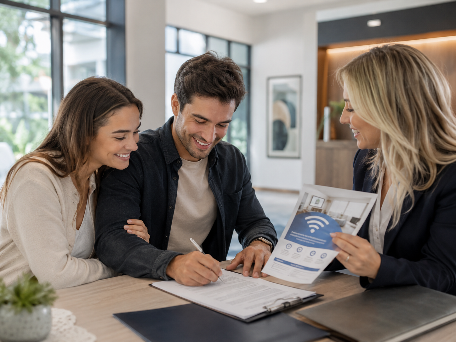 Couple signing a new lease with a leasing manager