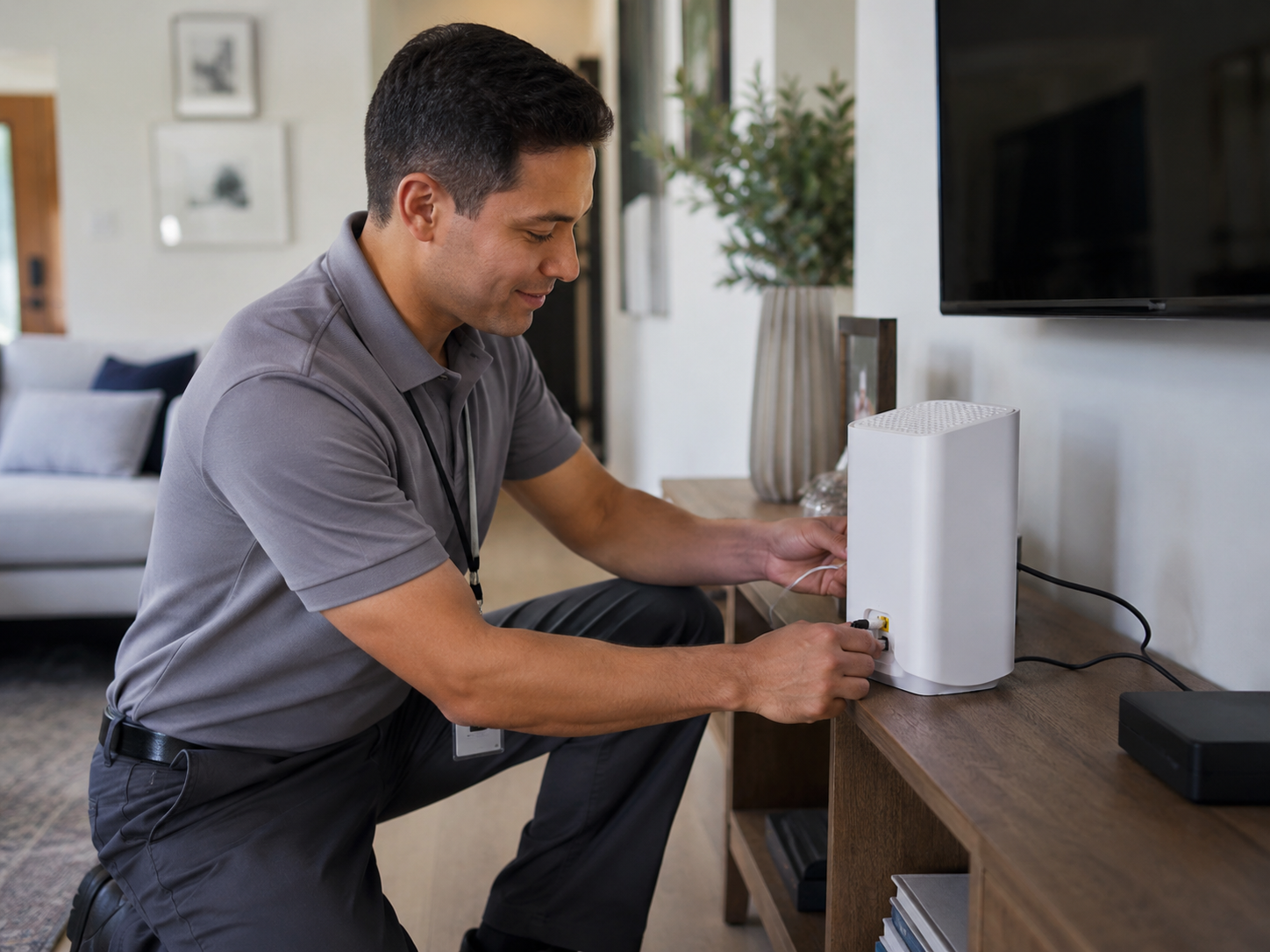 Technician installing a Wi-Fi router inside a new home